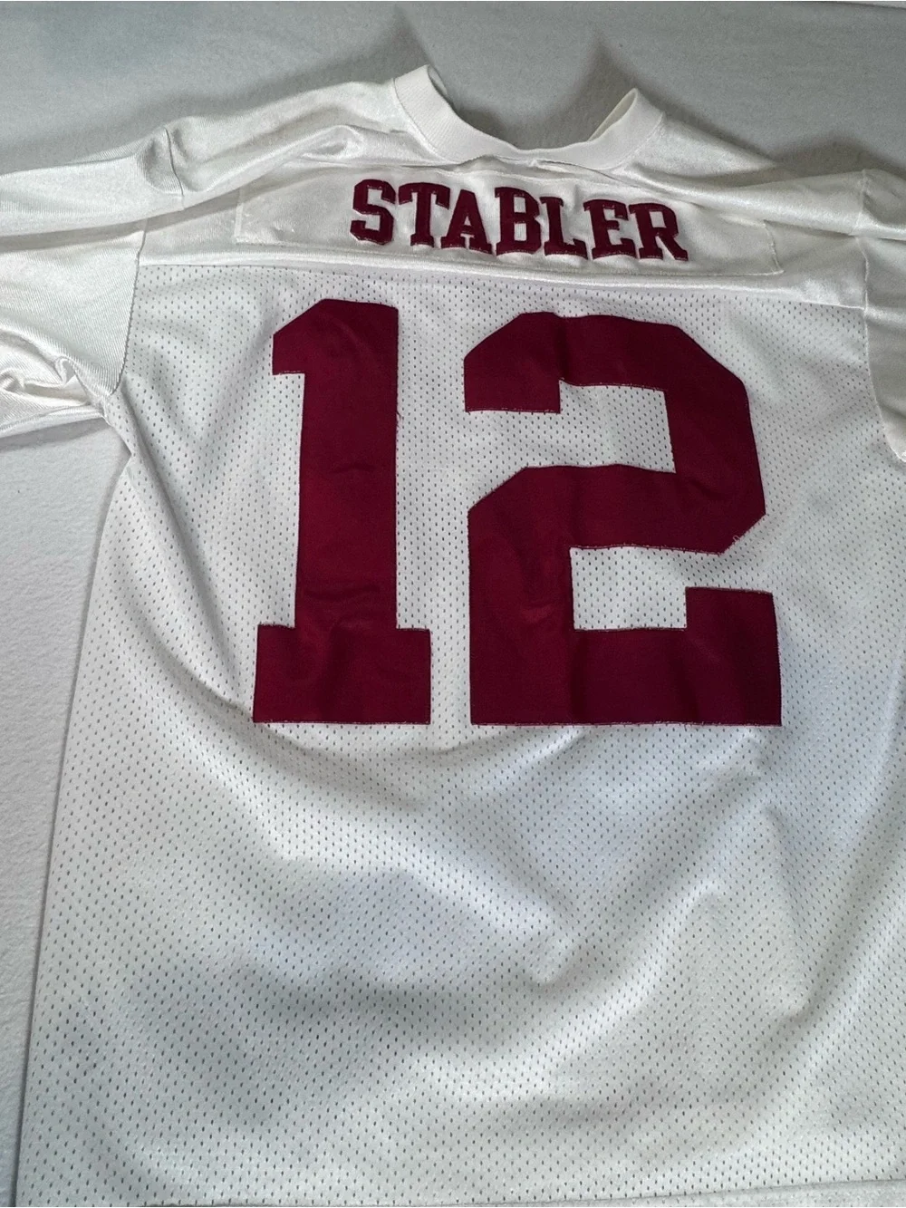 Nike White Football Jersey with Maroon Number 12 & STABLER